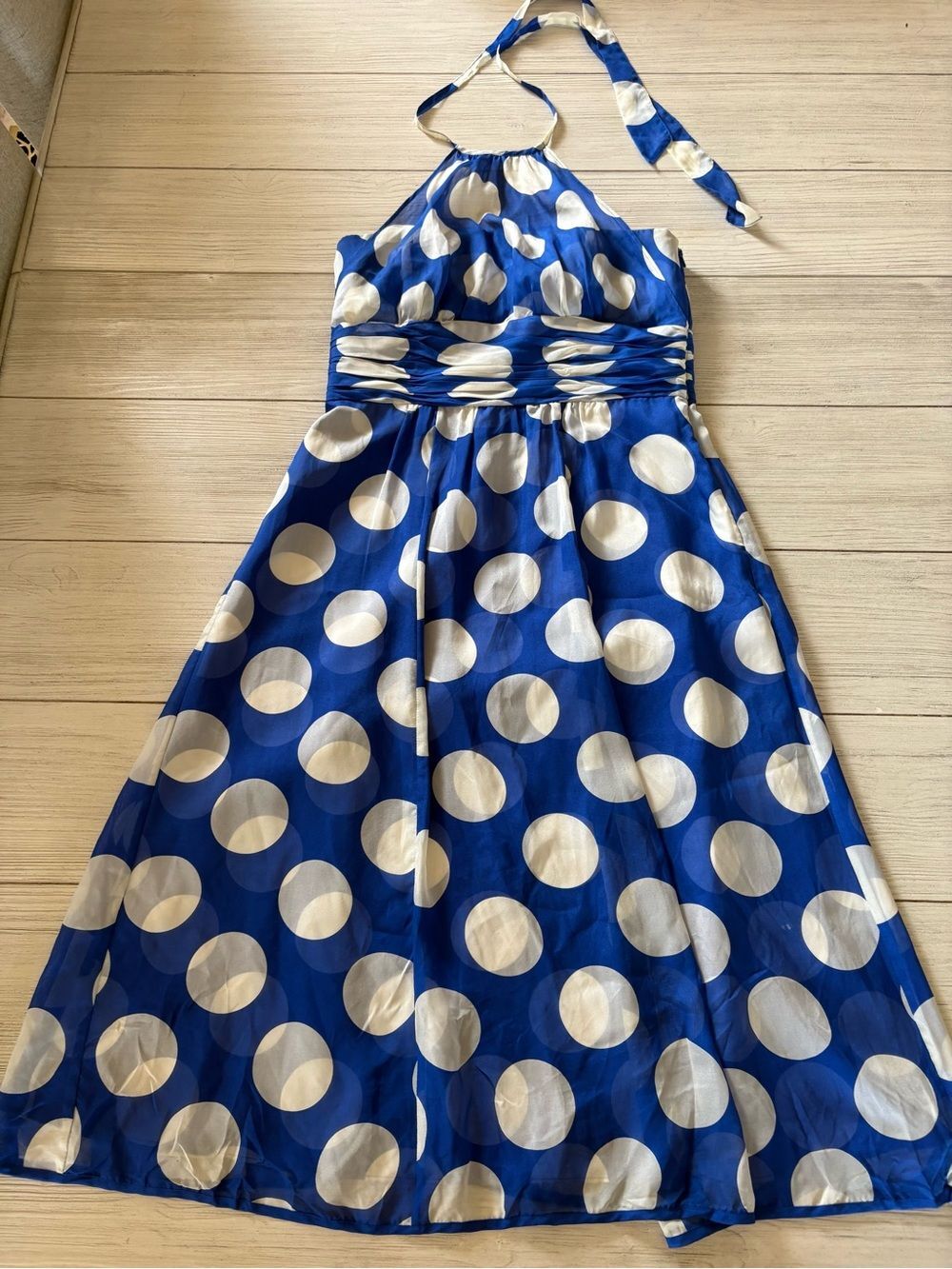 Monsoon Retro Blue & White Polka Dot Halter Dress | 100% Silk | Size 6 US